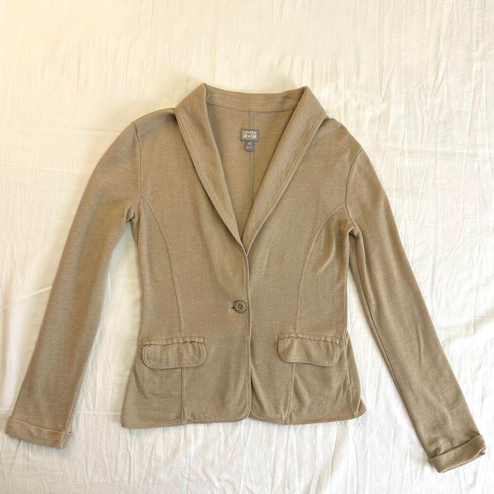 Converse One Star‎ Tan Button Knit Jacket Sz XS Indie Downtown Girl Indie Preppy